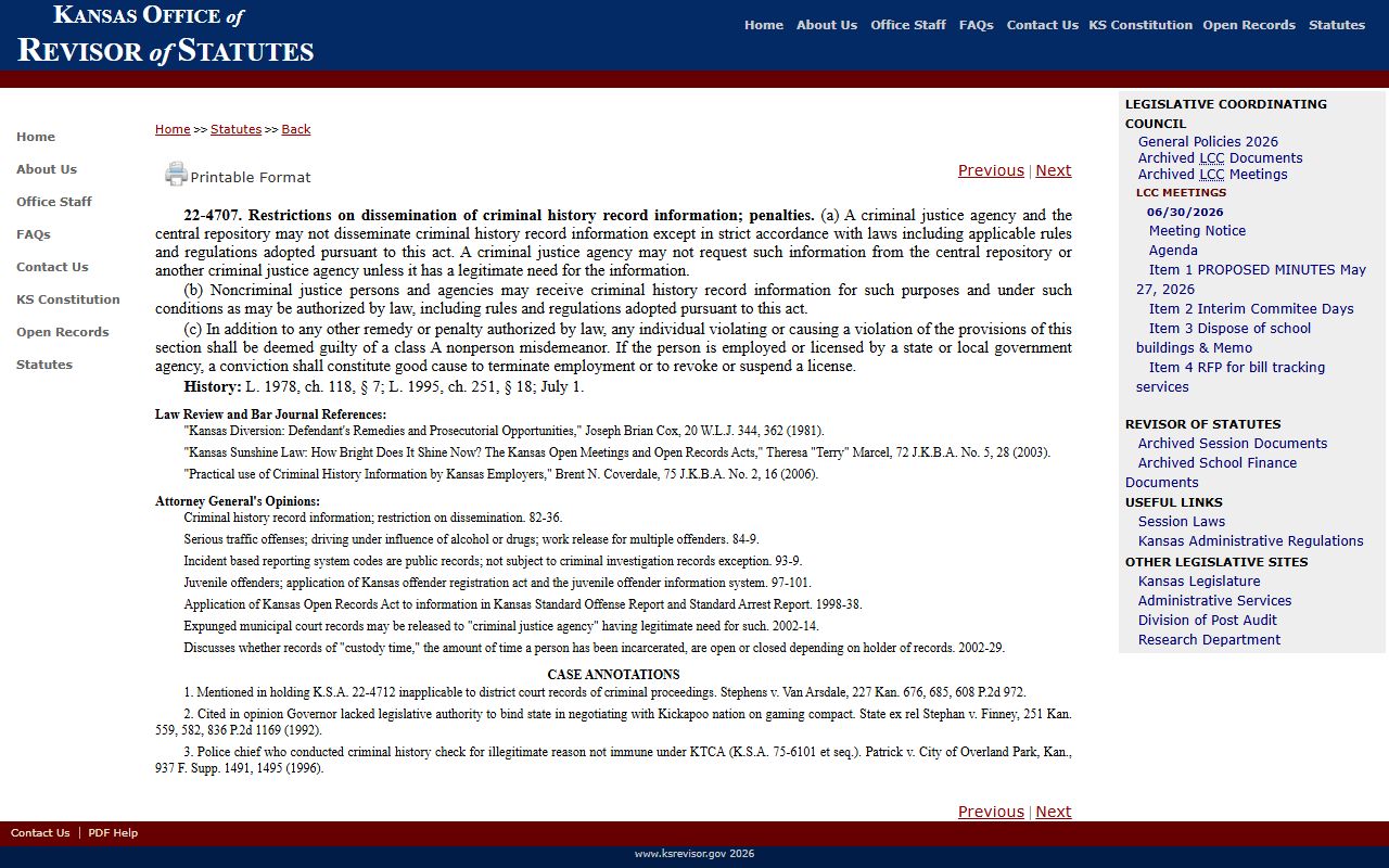 Meade County criminal court records Kansas criminal history dissemination statute