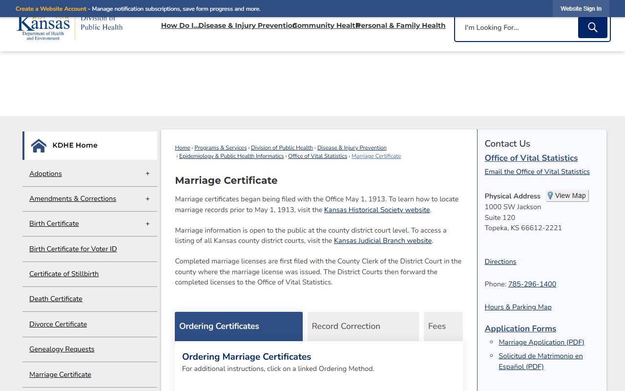 Meade County marriage records KDHE marriage certificate ordering page
