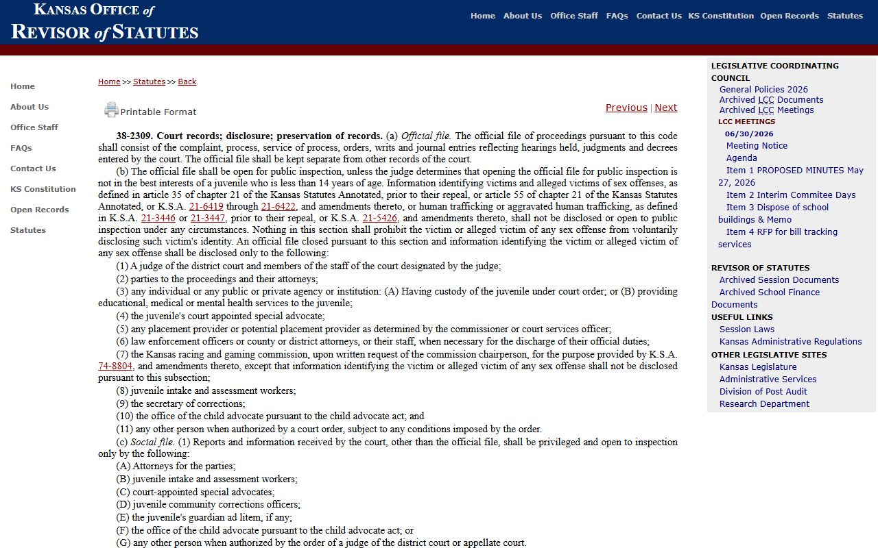 Meade County probate records Kansas juvenile court record restriction statute